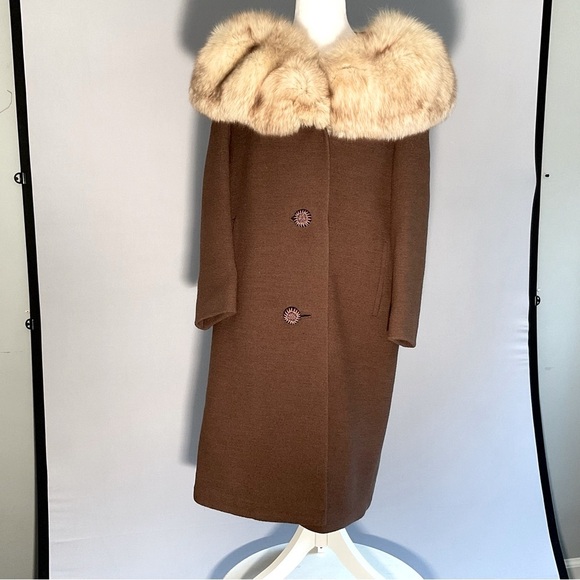 Vintage Ladies Sz 8ish Stevens Forstman Brown Wool Coat, Fox Collar - Picture 1 of 16